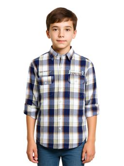 CAVIO - Boys Navy Blue Regular Fit Checks Full Sleeves Casual Shirt