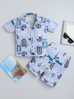 FOURFOLDS - Boys Light Blue Cotton Blend Abstract Printed Shirt and Shorts
