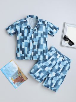FOURFOLDS - Boys Blue Cotton Blend Abstract Printed Shirt and Shorts