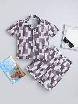 FOURFOLDS - Boys Brown Cotton Blend Abstract Printed Shirt and Shorts