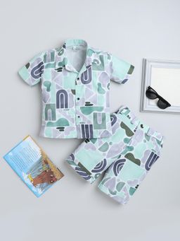 FOURFOLDS - Boys Sea Green Cotton Blend Abstract Printed Shirt and Shorts