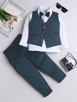 FOURFOLDS - Boys Teal Jacquard Woven Waistcoat- Shirt with Pant and Bow