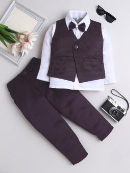 FOURFOLDS - Boys Wine Jacquard Woven Waistcoat- Shirt with Pant and Bow