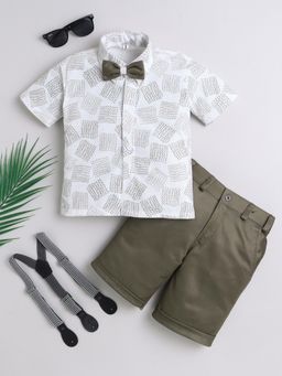 FOURFOLDS - Boys Olive Cotton Blend Crochet Shirt and Shorts with Suspender -Bow