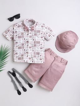 FOURFOLDS - Boys Pink Abstract Printed Shirt and Shorts with Cap-Suspender -Bow