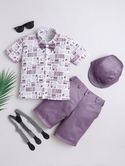 FOURFOLDS - Boys Purple Abstract Printed Shirt and Shorts with Cap-Suspender -Bow