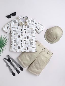 FOURFOLDS - Boys Beige Abstract Printed Shirt and Shorts with Cap-Suspender -Bow
