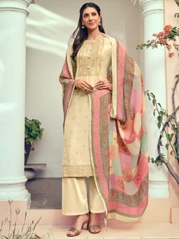 Stylee LIFESTYLE - Beige Silk Embroidered Dress Material (Set of 3)