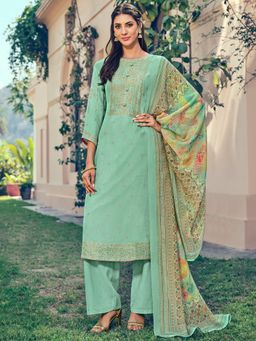 Stylee LIFESTYLE - Turquoise Silk Embroidered Dress Material (Set of 3)