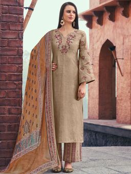 Stylee LIFESTYLE - Beige Cotton Embroidered Dress Material (Set of 3)