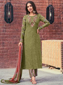 Stylee LIFESTYLE - Olive Cotton Embroidered Dress Material (Set of 3)