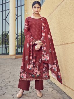 Stylee LIFESTYLE - Red Viscose Embroidered Dress Material (Set of 3)