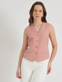 FableStreet - Dusty Pink Solid Linen Waistcoat