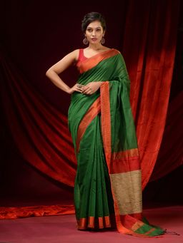 CHARUKRITI - Sap Green Cotton Silk Handwoven Zari Borders & Gheecha Pallu Saree with Unstitched Blouse