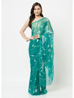 La Vastraa - Pearl Hand Painted Green Chiffon Saree With Unstitched Blouse