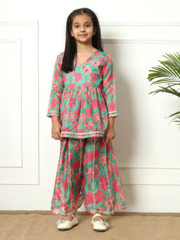 Readiprint - Frock Style Kota Doria Fabric Green Kurta with Palazzo (Set of 2)