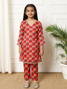 Readiprint - Straight Style Kota Doria Fabric Red Kurta with Pant (Set of 2)