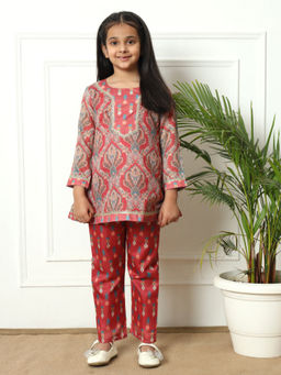 Readiprint - A Line Style Kota Doria Fabric Red Kurta with Pant (Set of 2)