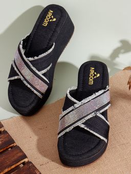 Aroom - Women Black Trendy Denim Wedges Heels