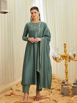 MOKOSH - Olive Silk Embroidered Anarkali Kurta and Pant with Dupatta