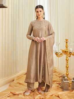 MOKOSH - Beige Silk Embroidered Anarkali Kurta and Pant with Dupatta