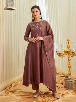 MOKOSH - Brown Silk Embroidered Anarkali Kurta and Pant with Dupatta