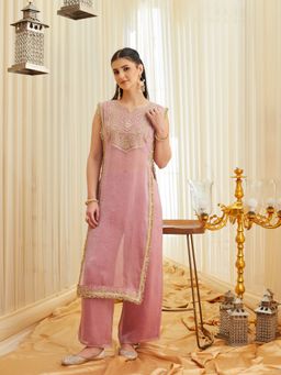 MOKOSH - Pink Silk Embroidered Kurta with Spaghetti Blouse and Palazzo