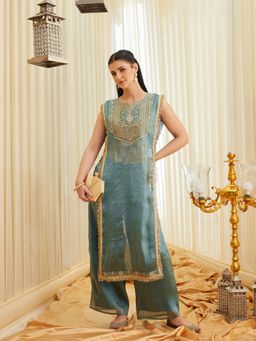 MOKOSH - Blue Silk Embroidered Kurta with Spaghetti Blouse and Palazzo