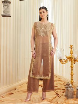 MOKOSH - Gold Silk Embroidered Kurta with Spaghetti Blouse and Palazzo