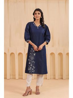 SAVI - Blue Denim Embroidered Straight Kurta