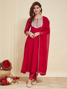 MOKOSH - Pink Chiffon Embroidered Anarkali Kurta and Pant with Dupatta