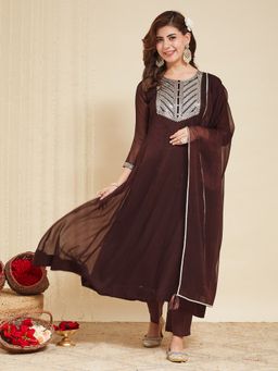MOKOSH - Brown Chiffon Embroidered Anarkali Kurta and Pant with Dupatta