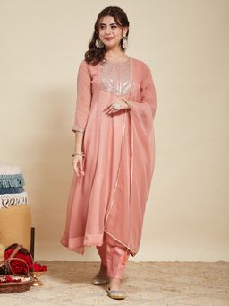 MOKOSH - Peach Chiffon Embroidered Anarkali Kurta and Pant with Dupatta