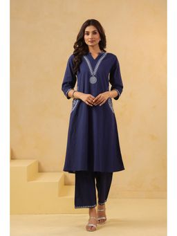 SAVI - Blue Cotton Embroidered Kurta with Pant