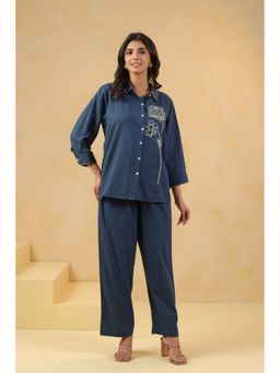 SAVI - Blue Cotton Embroidered Shirt with Pant