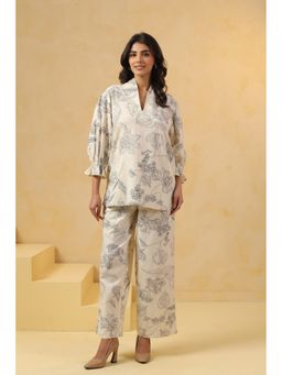 SAVI - Off White Cotton Floral Top with Pant