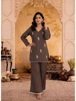 Kasya - Brown Viscose Rayon Embroidered Tunic with Trouser