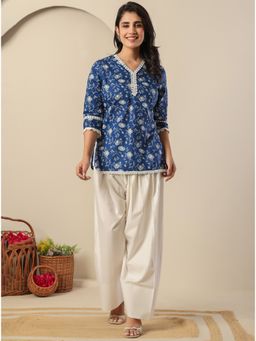 Kasya - Blue Cotton Floral Tunic with Patiala Pant