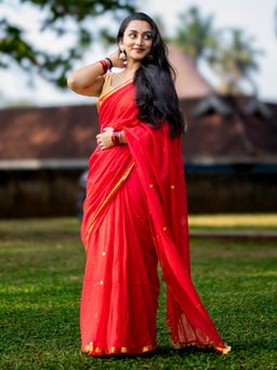 I LOVE SAREES - Crimson Red Cotton Sequin Saree with Gold Border Without Blouse