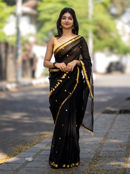 I LOVE SAREES - Black Cotton Sequin Saree with Gold Border Without Blouse