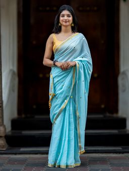 I LOVE SAREES - Sky Blue Cotton Sequin Saree with Gold Border Without Blouse