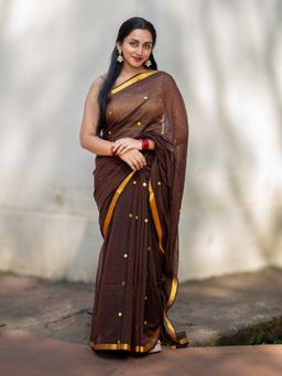 I LOVE SAREES - Brown Cotton Sequin Saree with Gold Border Without Blouse