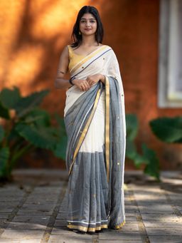 I LOVE SAREES - Grey Cotton Sequin Saree with Gold Border Without Blouse