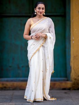 I LOVE SAREES - Off White Cotton Sequin Saree with Gold Border Without Blouse
