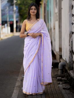 I LOVE SAREES - Lavender Cotton Sequin Saree with Gold Border Without Blouse