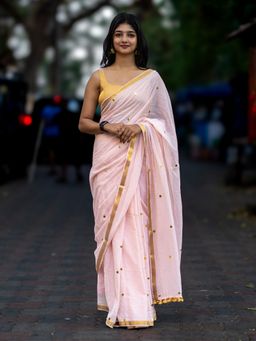 I LOVE SAREES - Peach Cotton Sequin Saree with Gold Border Without Blouse
