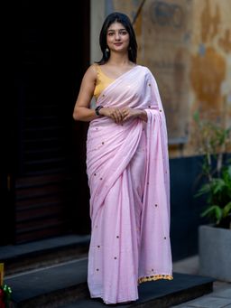 I LOVE SAREES - Baby Pink Cotton Sequin Saree with Gold Border Without Blouse