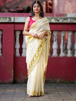 I LOVE SAREES - Kerala Kasavu Tissue Gold Checks and Gold Border Saree with Unstitched Blouse