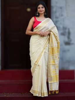 I LOVE SAREES - Kerala Kasavu Gold Border and Elephant Motif Saree with Unstitched Blouse
