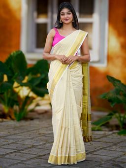 I LOVE SAREES - Kerala Kasavu Gold Stripes and Gold Border Saree with Unstitched Blouse